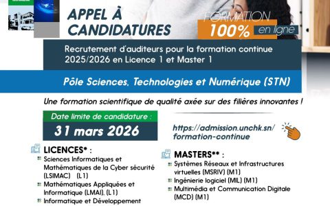 UNCHK – Offres de formations concernent niveaux Licence 1 et Master 1