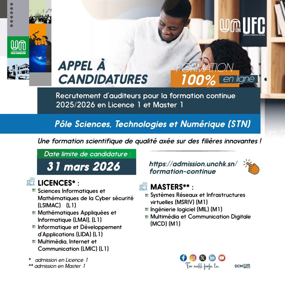 UNCHK – Offres de formations concernent niveaux Licence 1 et Master 1