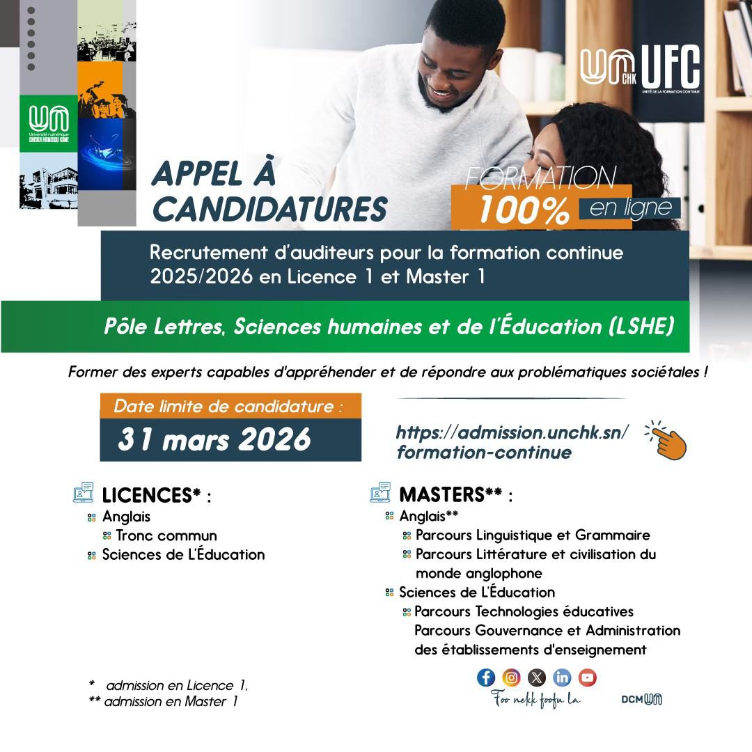 UNCHK – Offres de formations concernent niveaux Licence 1 et Master 1