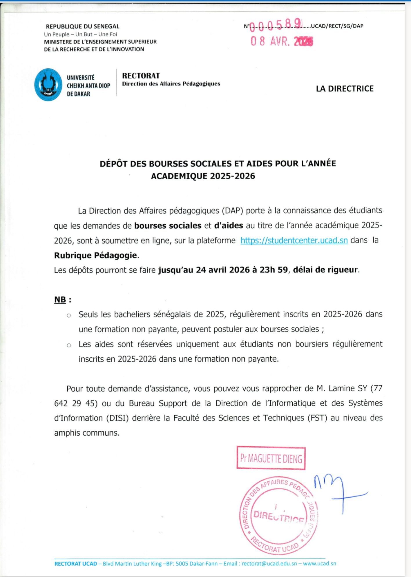 Dépôt des bourses sociales et aides pour l’année académiques 2025-2026