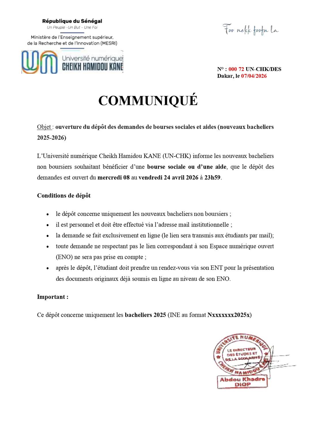 Ouverture du dépôt des demandes de bourses sociales et aides (nouveaux bacheliers 2025-2026)