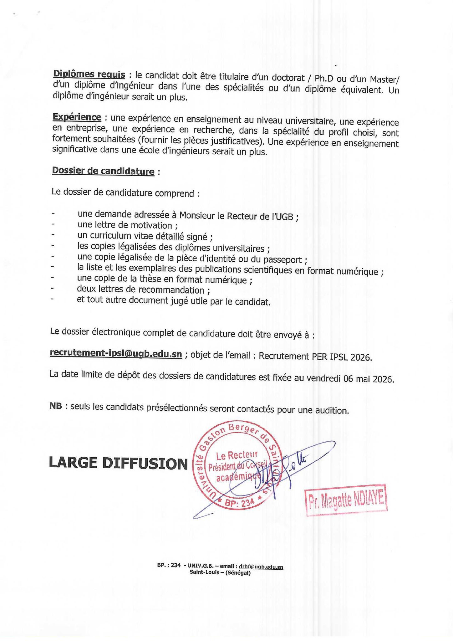 Recrute deux (02) enseignants-chercheurs pour renforcer la filière d’ingénieurs en électromécanique de l’Institut Polytechnique de Saint-Louis