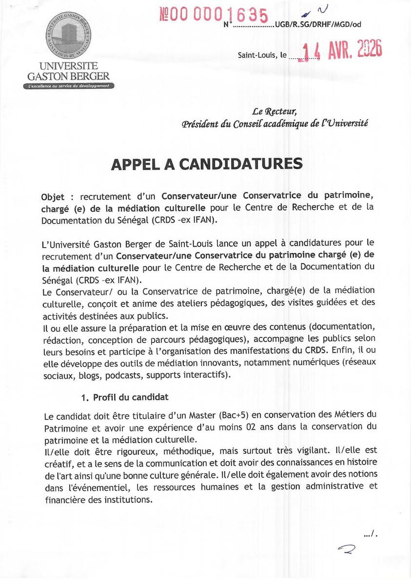 Recrutement d’un Conservateur/une Conservatrice du patrimoine, chargé (e) de la médiation culturelle pour le Centre de Recherche et de la Documentation du Sénégal (CRDS -ex IFAN).