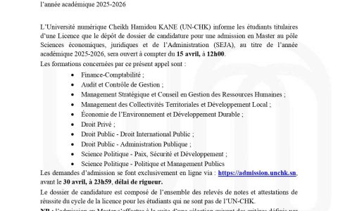 UNCHK: dépôts de candidature pour une admission en Master au pôle Sciences économiques, juridiques et de l’Administration (SEJA), au titre de l’année académique 2025-2026