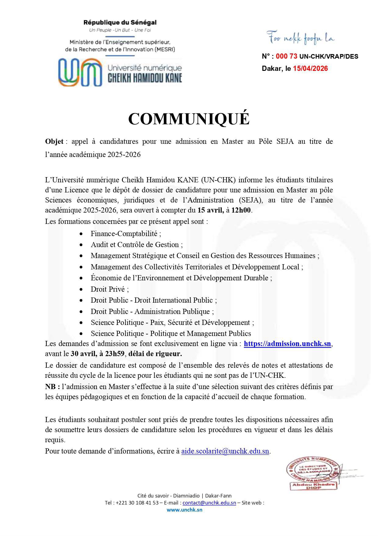 UNCHK: dépôts de candidature pour une admission en Master au pôle Sciences économiques, juridiques et de l’Administration (SEJA), au titre de l’année académique 2025-2026