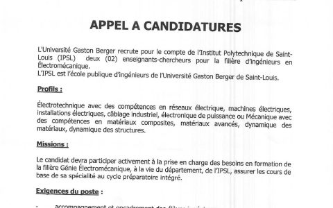 Recrute deux (02) enseignants-chercheurs pour renforcer la filière d’ingénieurs en électromécanique de l’Institut Polytechnique de Saint-Louis