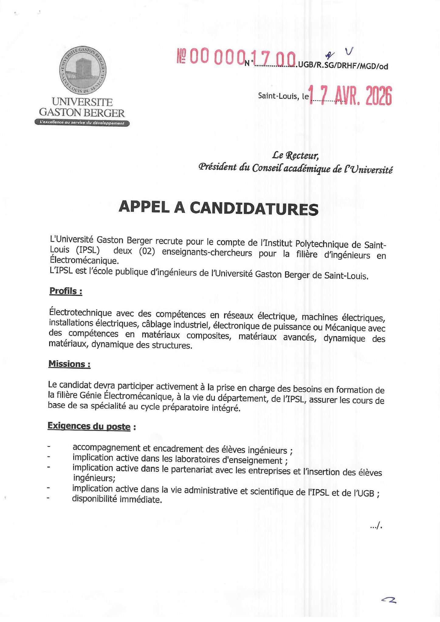 Recrute deux (02) enseignants-chercheurs pour renforcer la filière d’ingénieurs en électromécanique de l’Institut Polytechnique de Saint-Louis