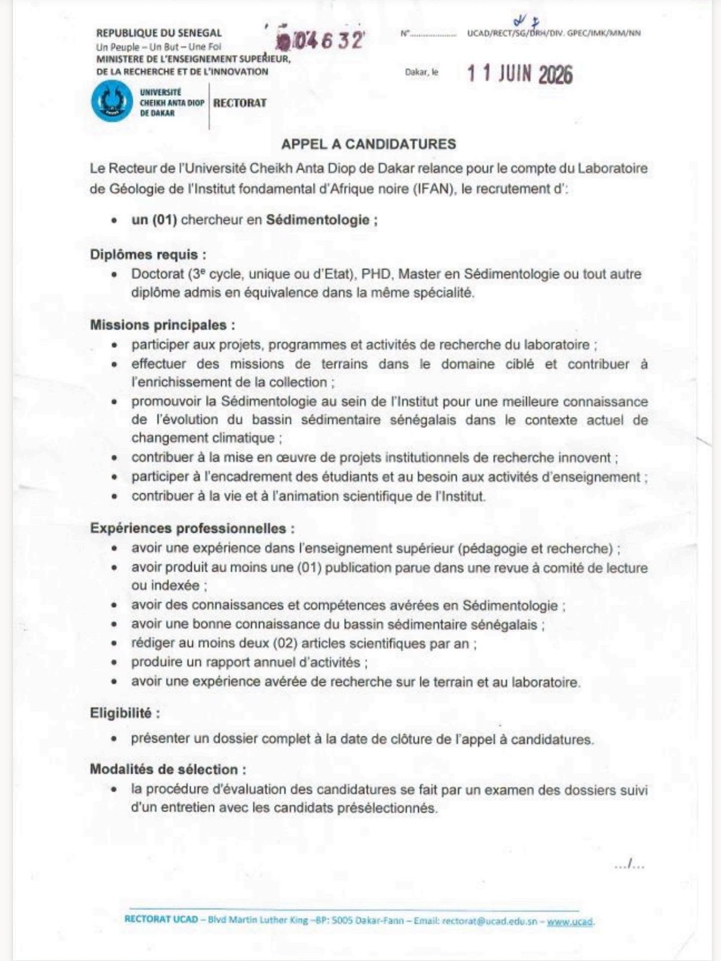 UCAD / IFAN : Appel à candidatures