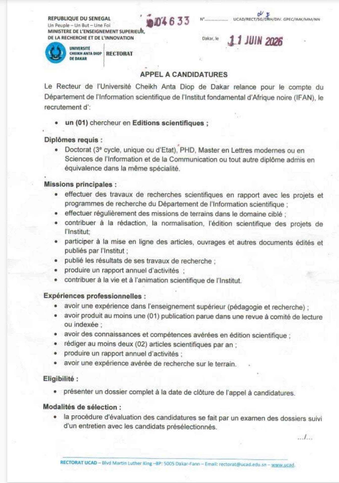 UCAD / IFAN : Appel à candidatures