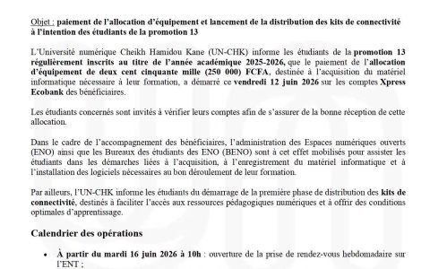 Paiement de l’allocation d’équipement et lancement de la distribution des kits de connectivité à l’intention des étudiants de la promotion 13