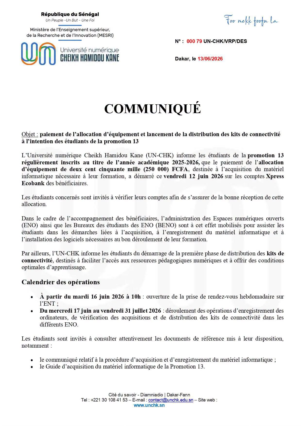 Paiement de l’allocation d’équipement et lancement de la distribution des kits de connectivité à l’intention des étudiants de la promotion 13