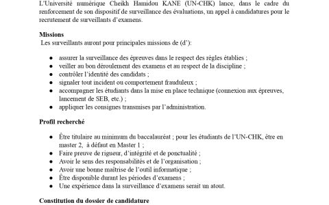 UNCHK: Appel à candidatures pour le recrutement de surveillants d’examens