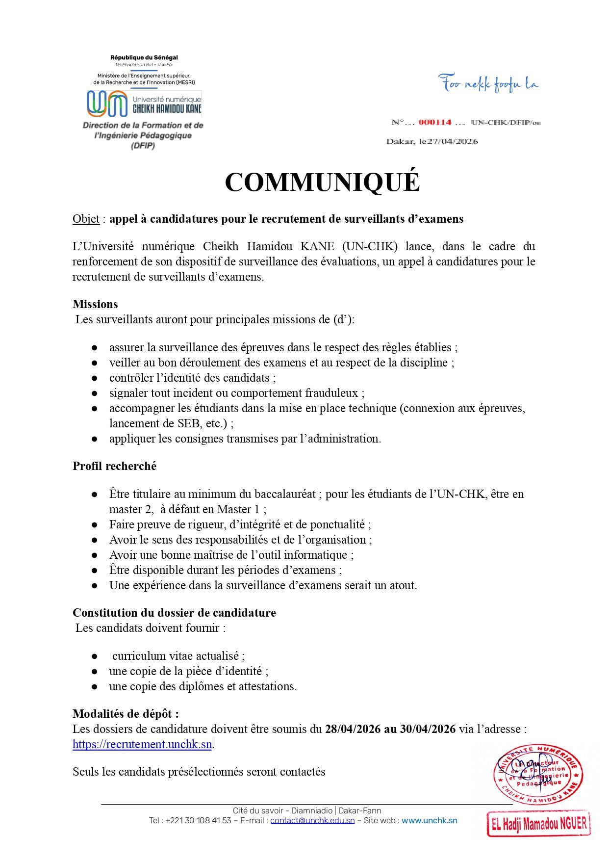 UNCHK: Appel à candidatures pour le recrutement de surveillants d’examens