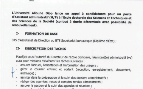 L’Université Alioune Diop lance un appel à candidatures pour un poste d’Assistant administratif (H/F) à l’Ecole doctorale des Sciences et Techniques et des Sciences de la Société