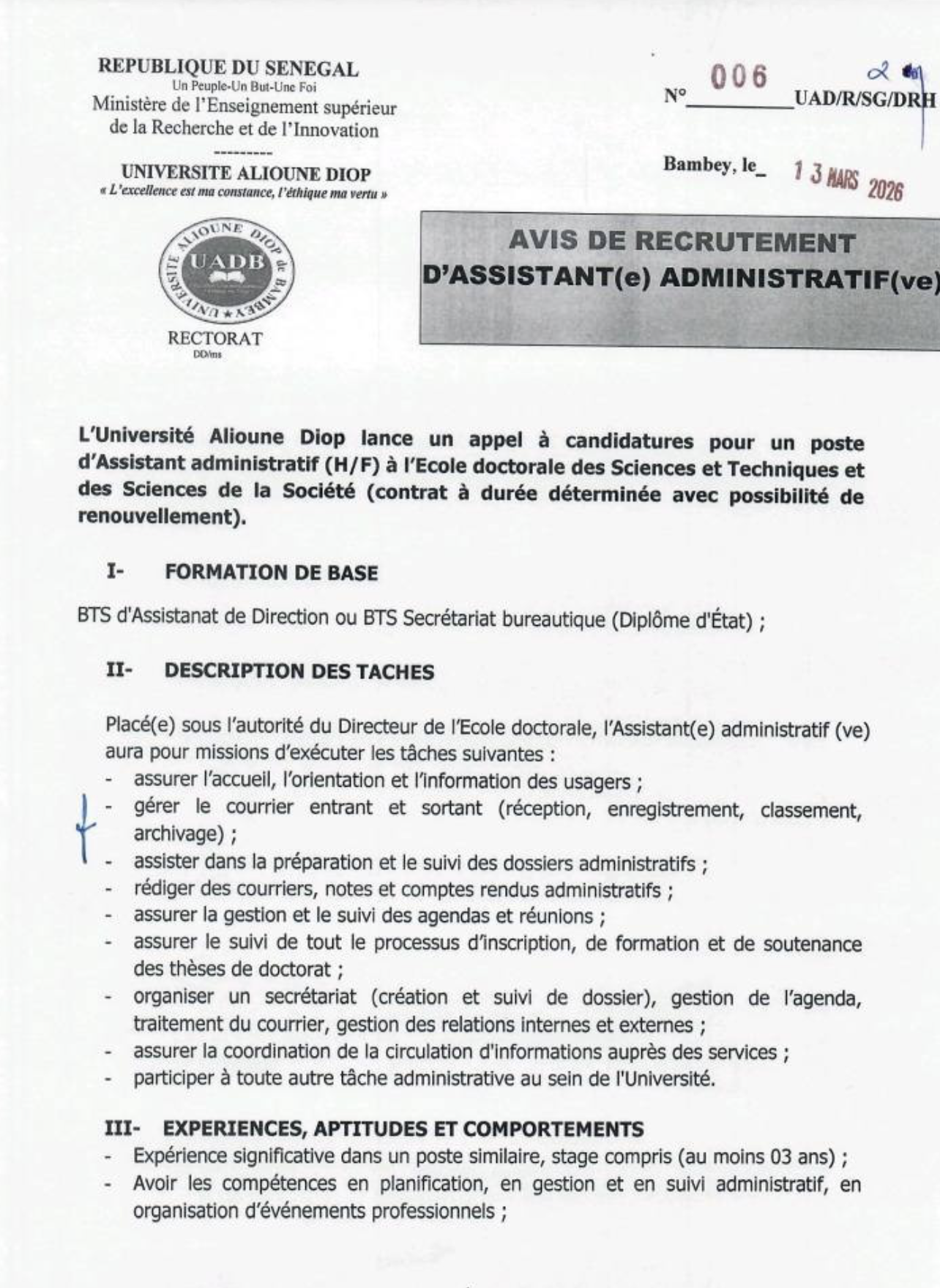 L’Université Alioune Diop lance un appel à candidatures pour un poste d’Assistant administratif (H/F) à l’Ecole doctorale des Sciences et Techniques et des Sciences de la Société