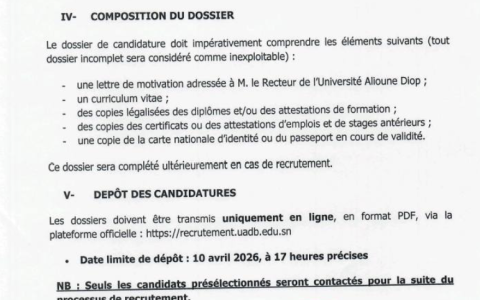 L’Université Alioune Diop lance un appel à candidatures pour un poste d’Assistant administratif (H/F) à l’Ecole doctorale des Sciences et Techniques et des Sciences de la Société