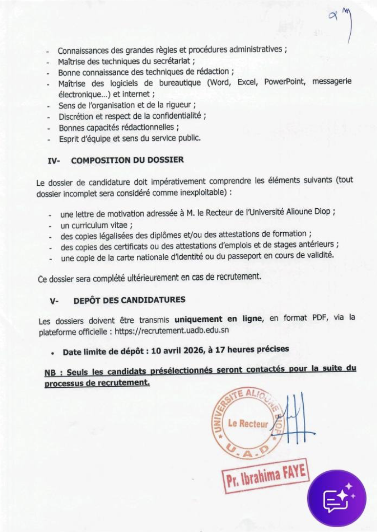 L’Université Alioune Diop lance un appel à candidatures pour un poste d’Assistant administratif (H/F) à l’Ecole doctorale des Sciences et Techniques et des Sciences de la Société