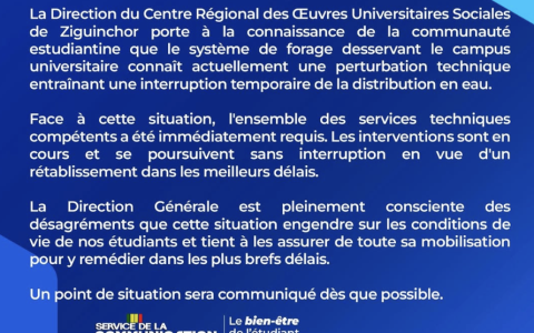 CROUS/Z : Communiqué sur la perturbation technique du forage entraînant une interruption temporaire de la distribution en eau