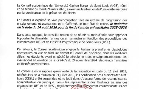 Le Conseil académique de l’Université Gaston Berger a adopté une résolution relative à la situation académique.