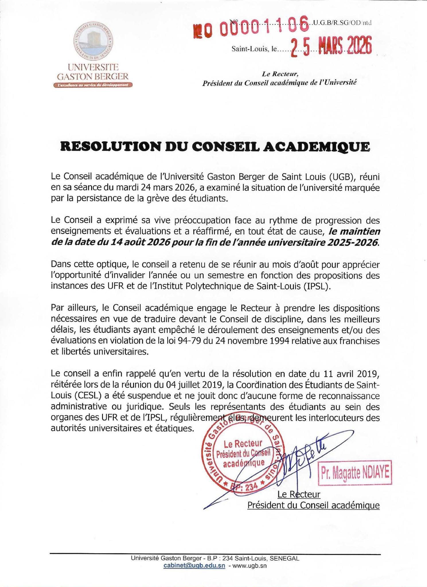 Le Conseil académique de l’Université Gaston Berger a adopté une résolution relative à la situation académique.